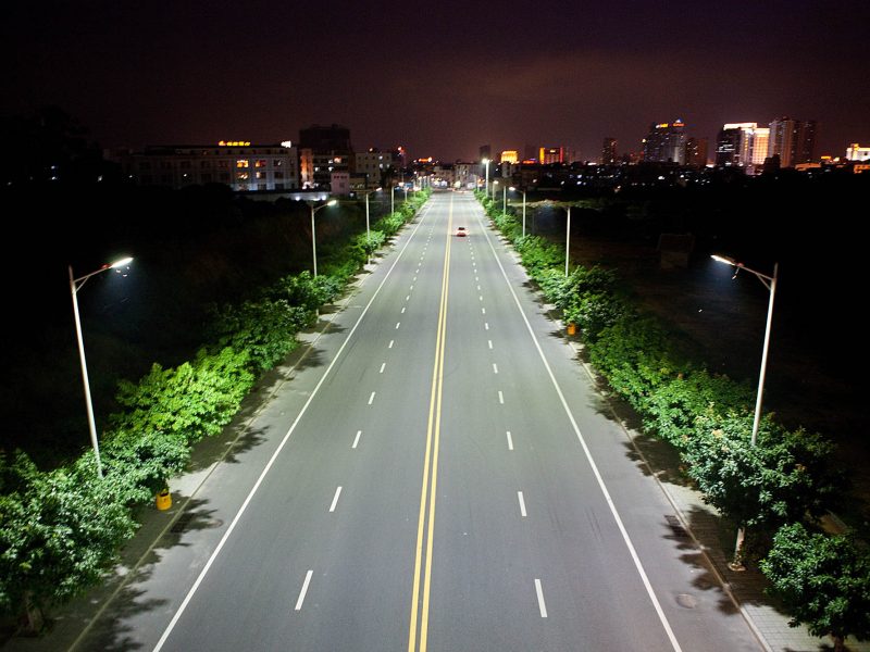 Kingsun LED lights keep a roadway lit up near the Kingsun Lighting Company factory, one of the leading LED light producers in China. LED light technology is becoming more widespread throughout China and industry leaders in environmentally friendly LED lights are popping up in Dongguan. (Photo by Ryan Pyle/Corbis via Getty Images)